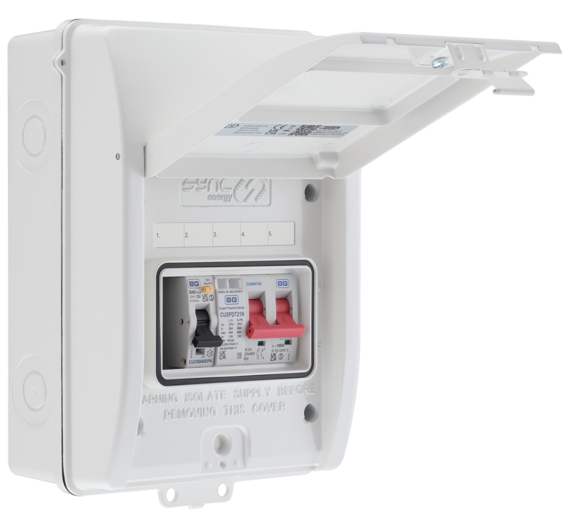 Sync Energy EV Circuit Protection - 5 Module EV Consumer Unit 100A with Main Switch, RCBO, SPD, IP65 - White