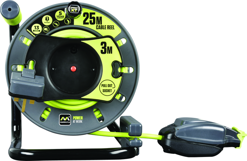 Masterplug Pro XT - 25m, 3 Sockets, 13A, Grey + Green