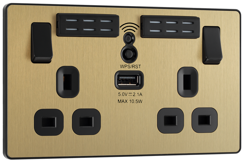 BG Electrical Evolve Satin Brass - Double, switched, single pole, WiFi Extender + USB A