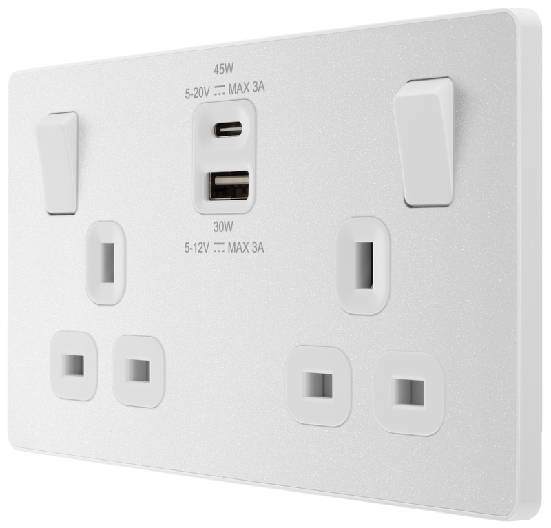 BG Electrical Evolve Pearlescent White - Double switched single pole, with USB A + C (45W)