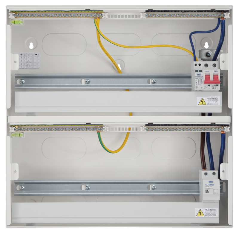 BG Circuit Protection Dual Row - 48 module, 43 way, 100A Main Switch, 100A Connector Block, Type 2 SPD