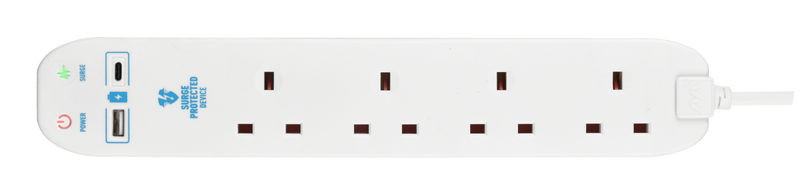 Masterplug USB - USB A + C 10.5W, 4 Sockets, 2m, 13A, White