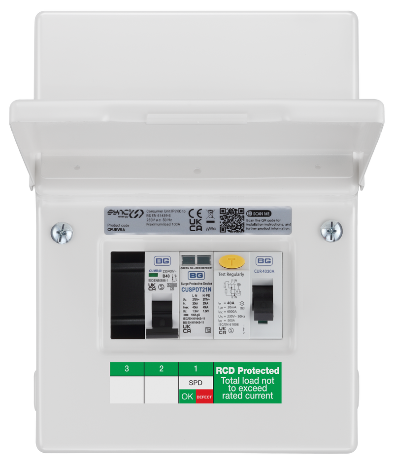 Sync Energy EV Circuit Protection - 5 Module EV Consumer Unit 40A with RCD, SPD, MCB, IP20 - White