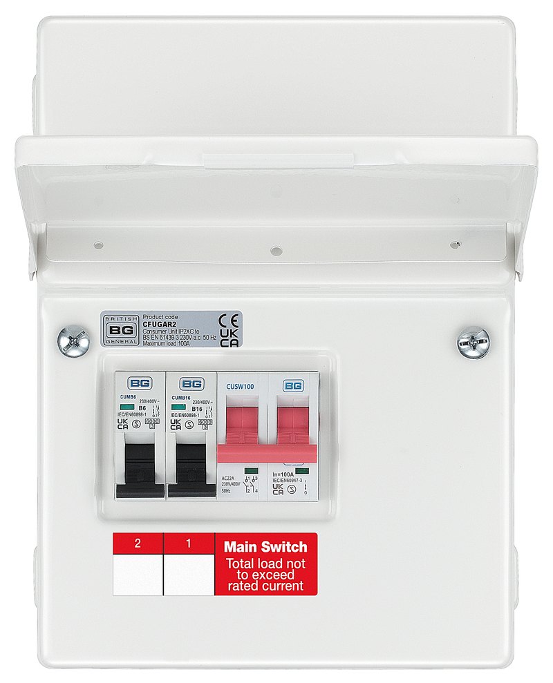 BG Circuit Protection IP20 Non Weatherproof - 4 module, 4 way, 100A Main Switch, 2 MCB's