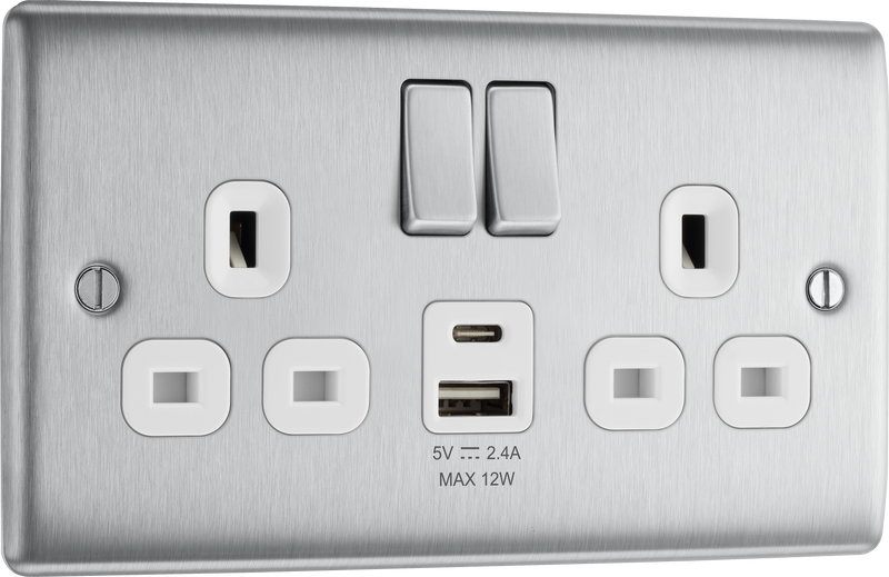 BG Electrical Nexus Metal Brushed Steel - Double switched single pole, with USB A + C (12W)