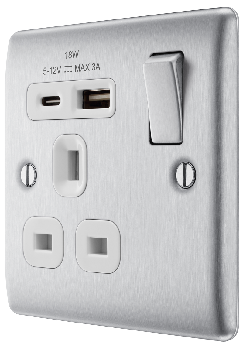 BG Electrical Nexus Metal Brushed Steel - Single, switched, single pole, with 1 x USB A + 1 x USB C