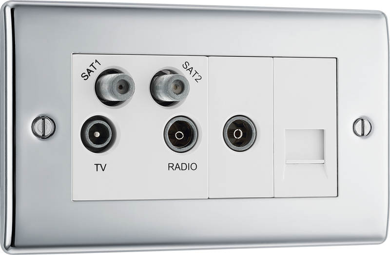 BG Electrical Nexus Metal Polished Chrome - Quadplex, 2 x sat, BT outlet and co-ax returned - screened