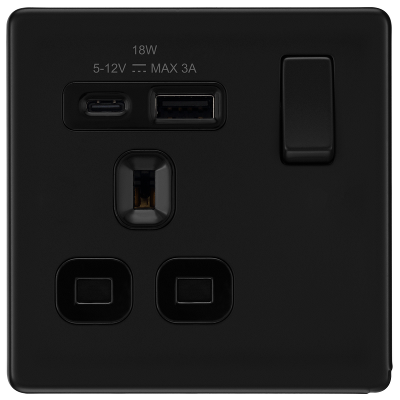 BG Electrical Flatplate Screwless Matt Black - Single, switched, single pole, with 1 x USB A + 1 x USB C