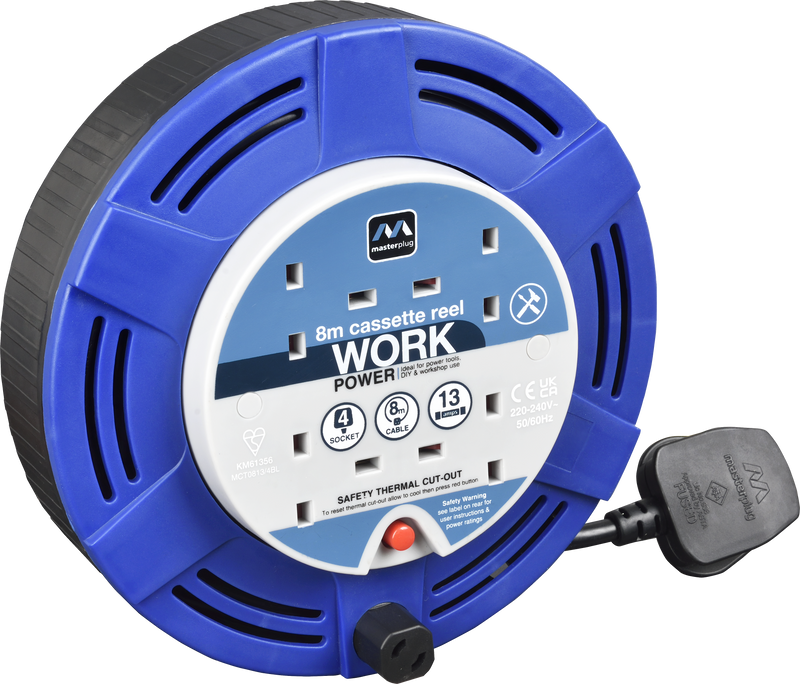 Masterplug Work - 8m, 4 Sockets, 13A, Blue