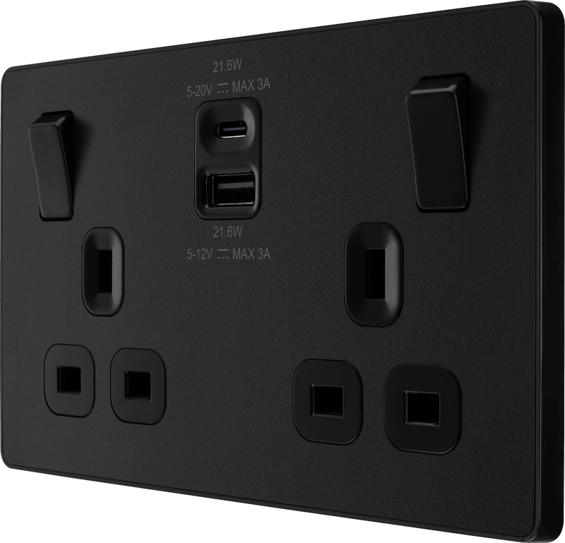BG Electrical Evolve Matt Black - Double switched single pole, with USB A + C (22W)