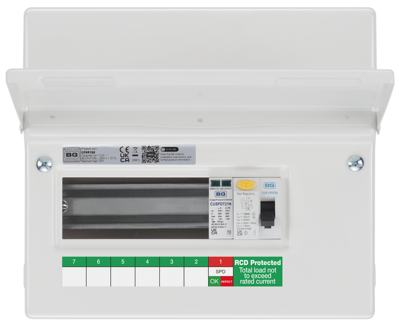 BG Circuit Protection Dual RCD - 9 module, 6 way, 100A Type A RCD, Type 2 SPD