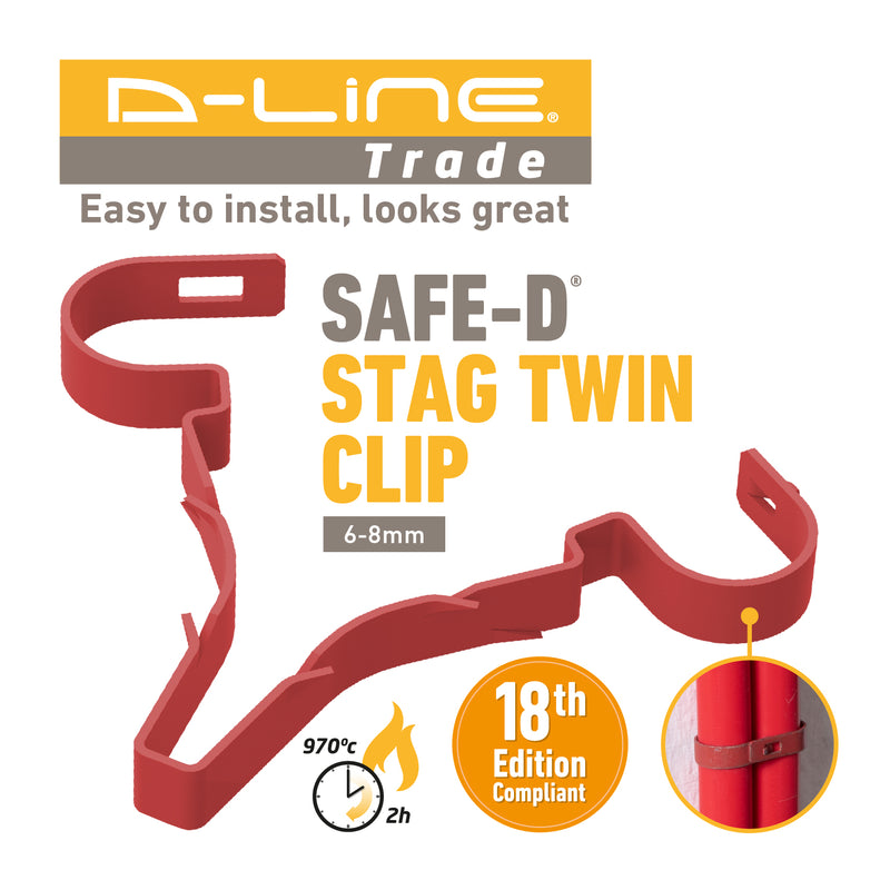 D-Line Fire Clip - Safe-D Stag-Clip for 2x 6-8mm φ cables. Twin, Red - Pack of 100