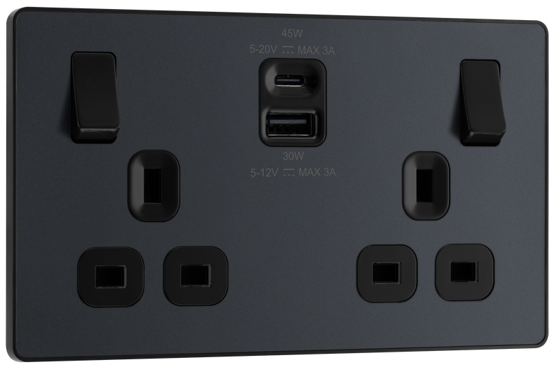 BG Electrical Evolve Matt Grey - Double switched single pole, with USB A + C (45W)