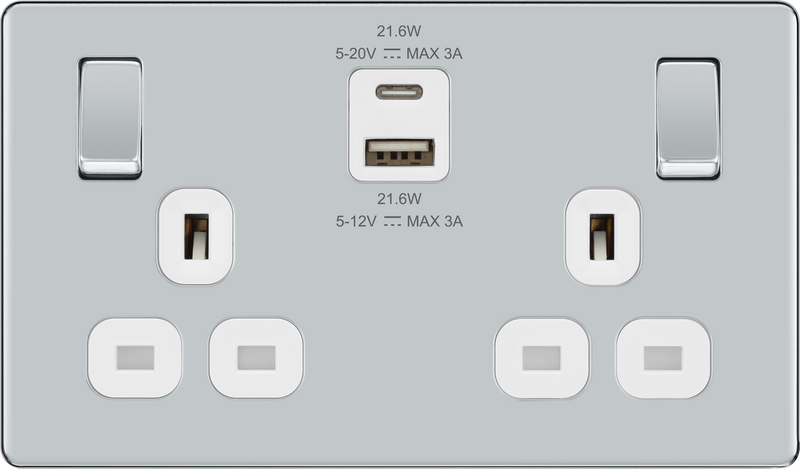 BG Electrical Flatplate Screwless Polished Chrome - Double switched single pole, with USB A + C (22W)