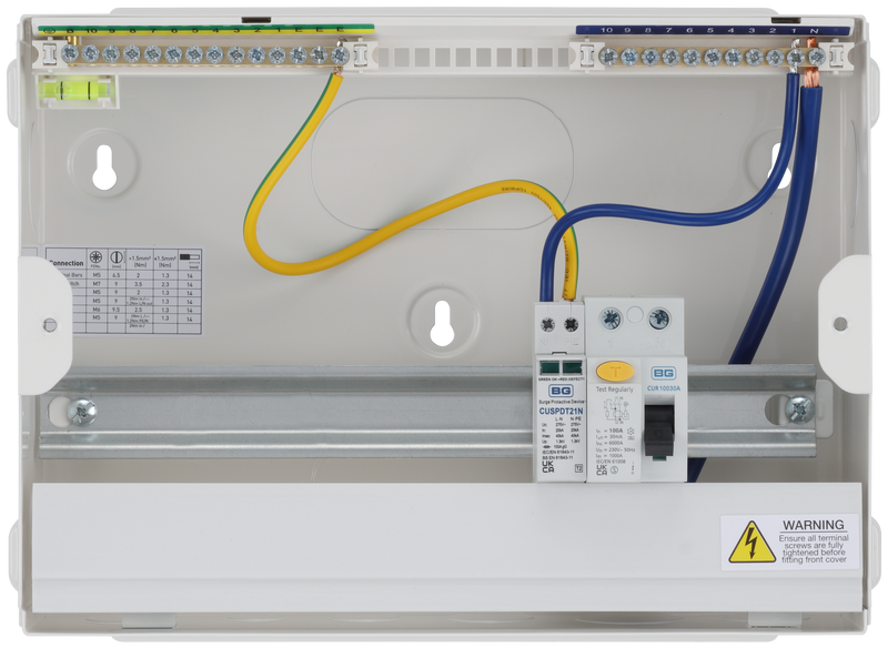 BG Circuit Protection RCD Incomer - 12 module, 9 way, 100A Type A RCD, Type 2 SPD