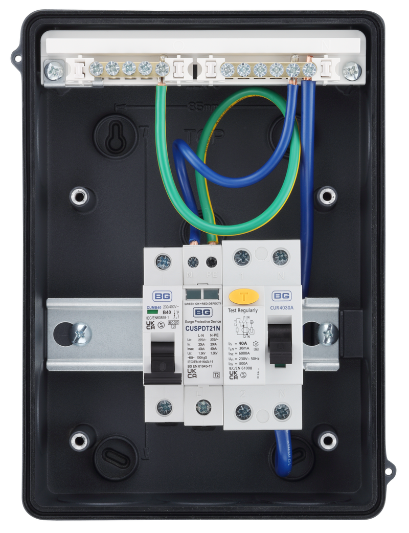 Sync Energy EV Circuit Protection - 5 Module EV Consumer Unit with 40A 30mA Type A RCD, 40A MCB, Type 2 SPD, IP65 - Grey