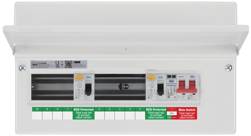 BG Circuit Protection Dual RCD SPD - 16 module, 9 way, 100A Main Switch, 2 x 80A Type A RCD, Type 2 SPD