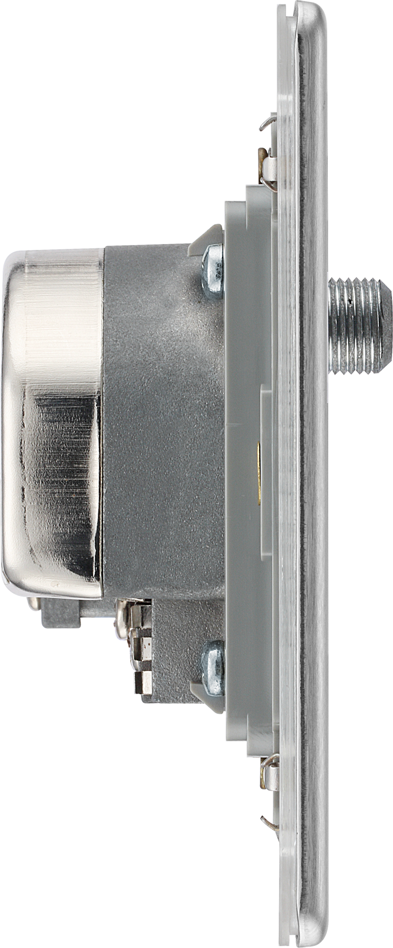 BG Electrical Flatplate Screwless Brushed Steel - Quadplex, 2 x sat, BT outlet and co-ax returned - screened