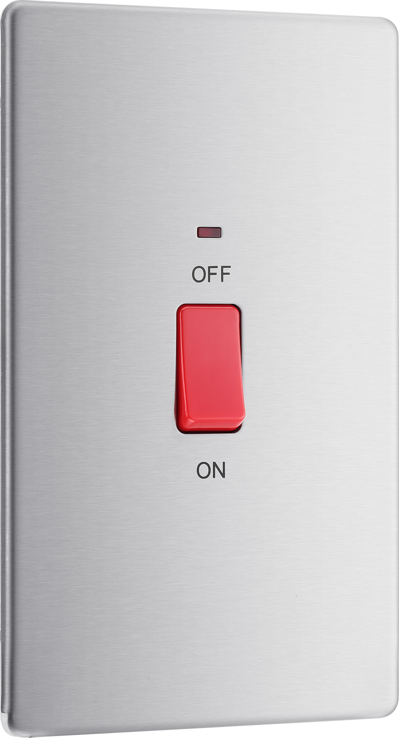 BG Electrical Flatplate Screwless Brushed Steel - 45A, double pole, large plate, with indicator