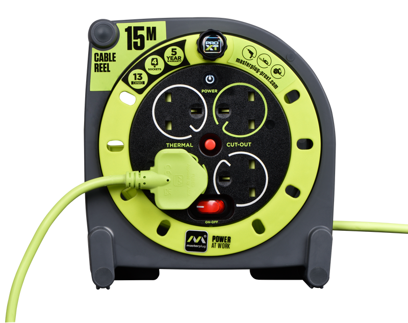 Masterplug Pro XT - 15m, 4 Sockets, 13A, Grey + Green