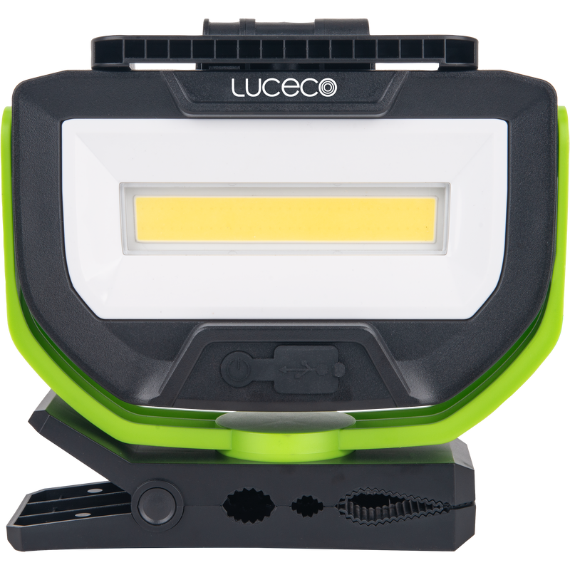 Luceco Clamp - Twin Panel LED Worklight with Magnetic Clamp and USB Power Bank, Rechargeable, Fully Rotating and Tilting Inspection Light, Folding, High Capacity Battery, IP54, 30W, 2500lm, 6500K,