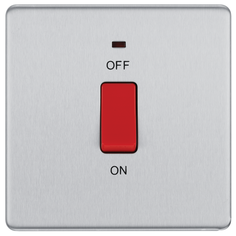 BG Electrical Flatplate Screwless Brushed Steel - 45A, double pole, single plate, with indicator