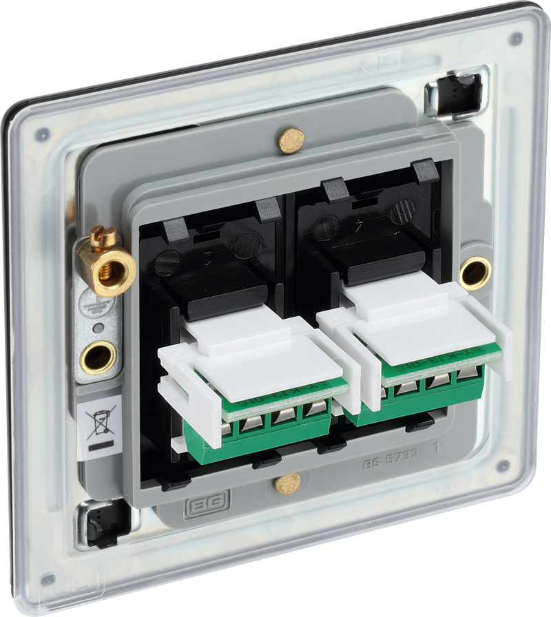 BG Electrical Flatplate Screwless Matt Black - Double, RJ11 telephone socket