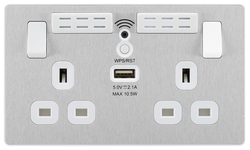 BG Electrical Evolve Brushed Steel - Double, switched, single pole, WiFi Extender + USB A