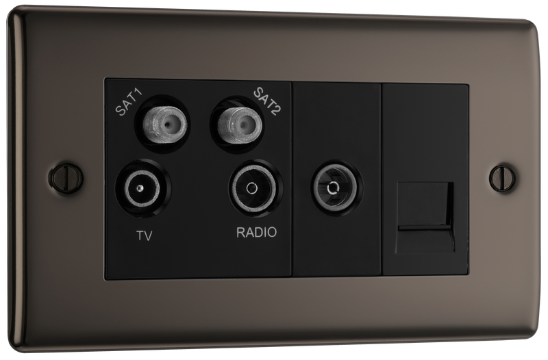 BG Electrical Nexus Metal Black Nickel - Quadplex, 2 x sat, BT outlet and co-ax returned - screened