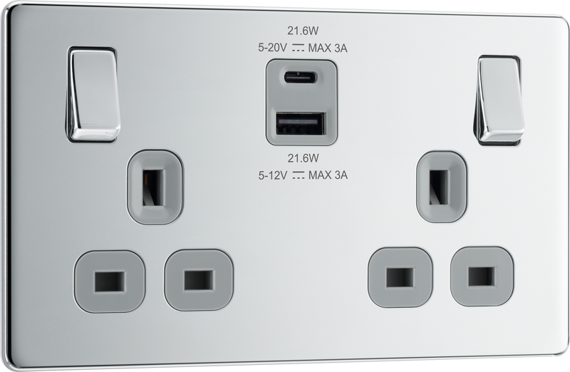 BG Electrical Flatplate Screwless Polished Chrome - Double switched single pole, with USB A + C (22W)