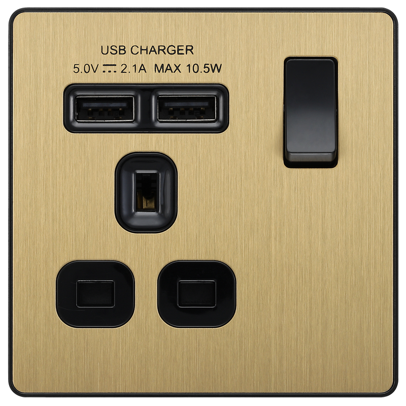 BG Electrical Evolve Satin Brass - Single, switched, single pole, with 2 x USB A
