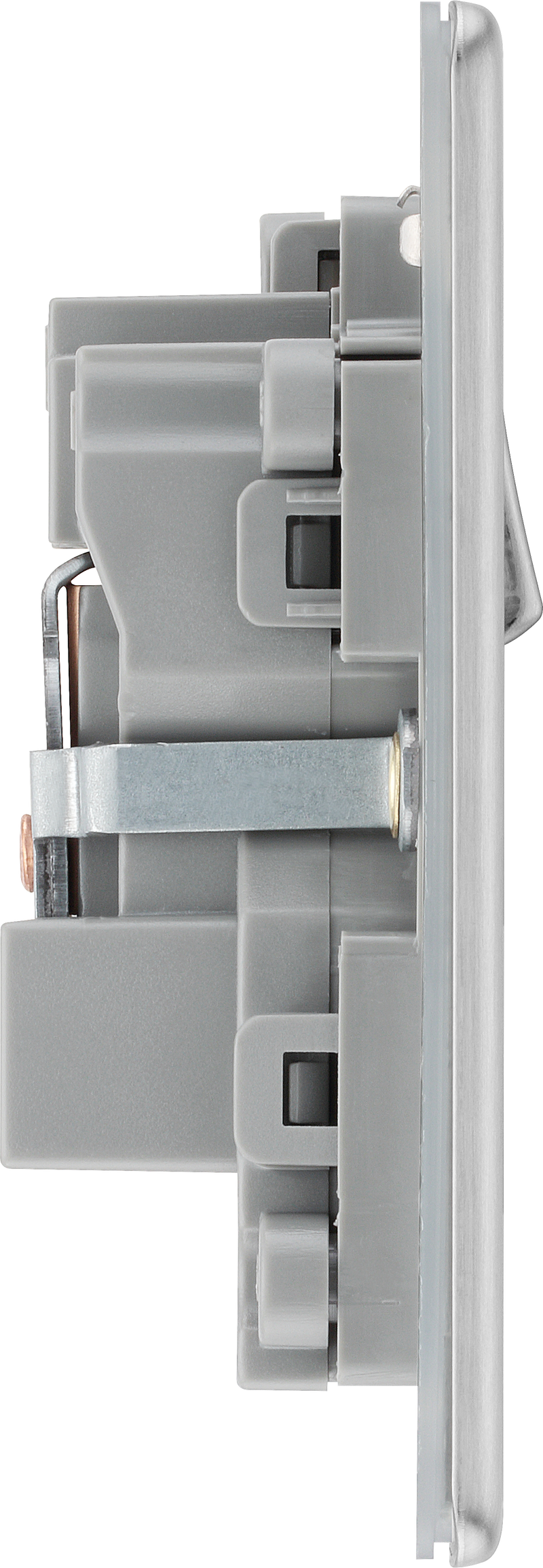 BG Electrical Flatplate Screwless Brushed Steel - Single, switched, universal with indicator (export only)