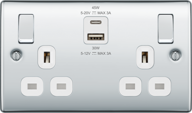 BG Electrical Nexus Metal Polished Chrome - Double switched single pole, with USB A + C (45W)