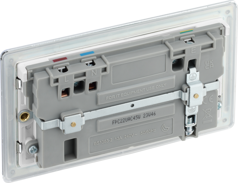 BG Electrical Flatplate Screwless Polished Chrome - Double switched single pole, with USB A + C (45W)