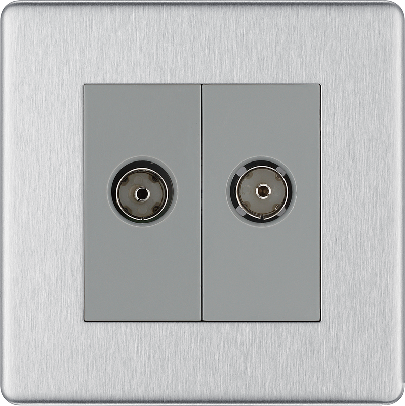 BG Electrical Flatplate Screwless Brushed Steel - Double, isolated, co-axial