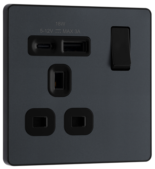 BG Electrical Evolve Matt Grey - Single, switched, single pole, with 1 x USB A + 1 x USB C