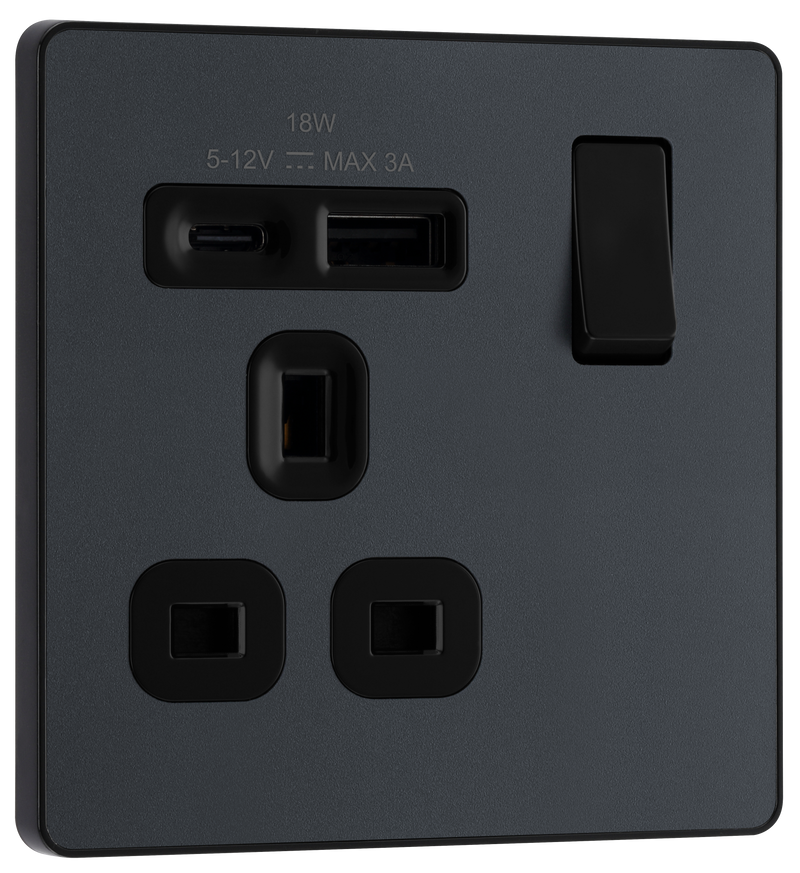 BG Electrical Evolve Matt Grey - Single, switched, single pole, with 1 x USB A + 1 x USB C