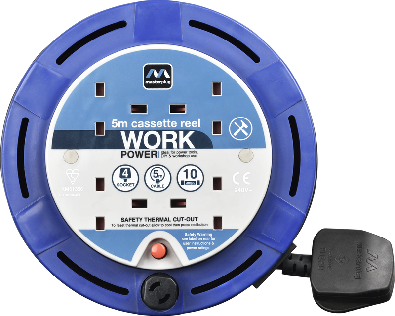 Masterplug Work - 5m, 4 Sockets, 10A, Blue