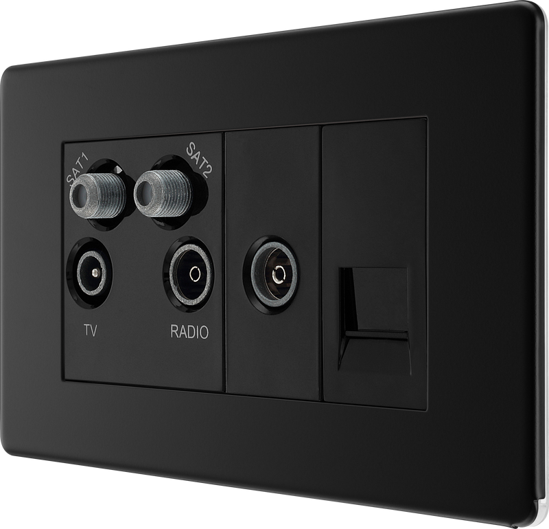 BG Electrical Flatplate Screwless Matt Black - Quadplex 2 x sat, BT outlet and co-ax returned - screened