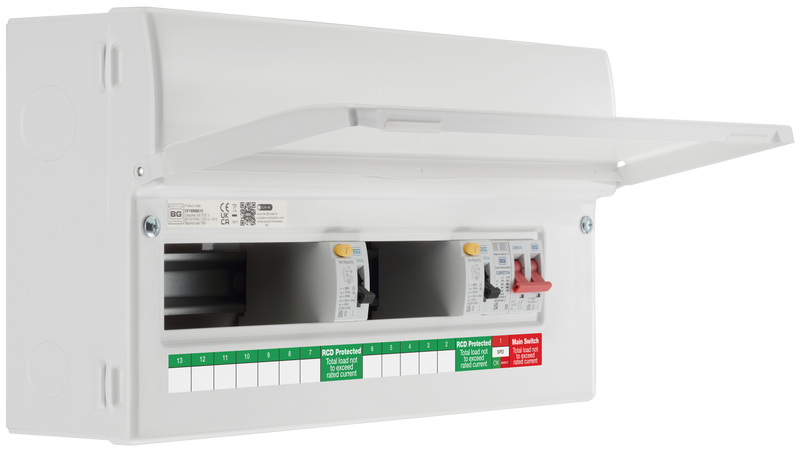 BG Circuit Protection Dual RCD SPD - 19 module, 12 way, 100A Main Switch, 2 x 80A Type A RCD, Type 2 SPD