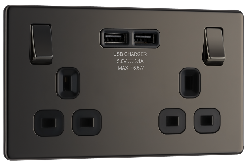 BG Electrical Flatplate Screwless Black Nickel - Double switched single pole, with 2 x USB A