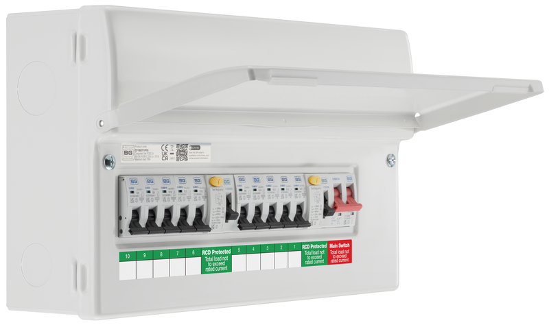 BG Circuit Protection Dual RCD - 16 module, 10 way, 100A Main Switch, 2 x 100A Type A RCD, 10 MCB's