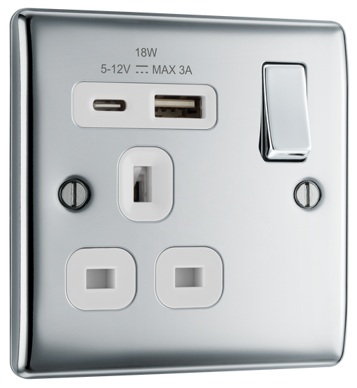 BG Electrical Nexus Metal Polished Chrome - Single, switched, single pole, with 1 x USB A + 1 x USB C
