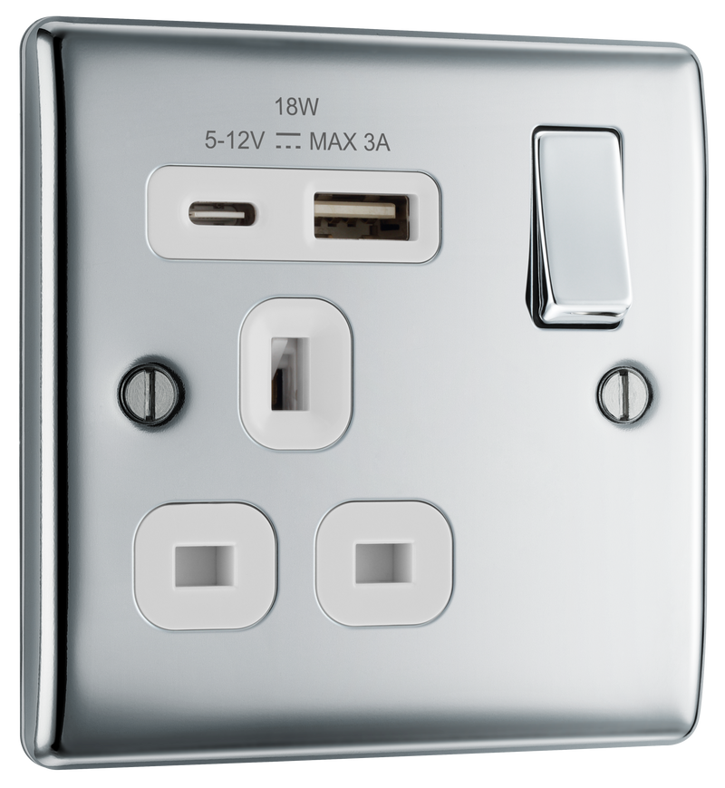 BG Electrical Nexus Metal Polished Chrome - Single, switched, single pole, with 1 x USB A + 1 x USB C