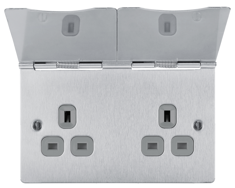 BG Electrical Flatplate Screwless Brushed Steel - Double, unswitched, floor socket