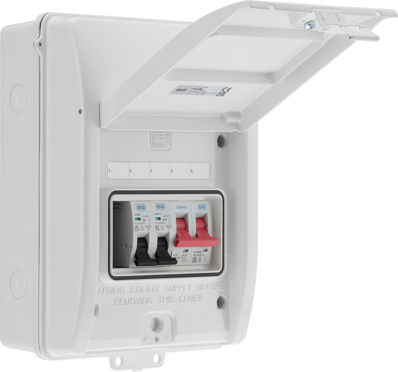 BG Circuit Protection IP65 Weatherproof - 5 module, 3 way, 100A Main Switch, 2 MCB's
