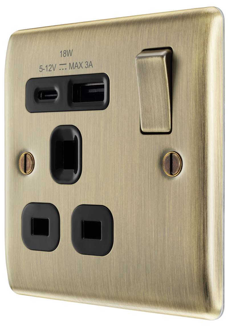 BG Electrical Nexus Metal Antique Brass - Single, switched, single pole, with 1 x USB A + 1 x USB C