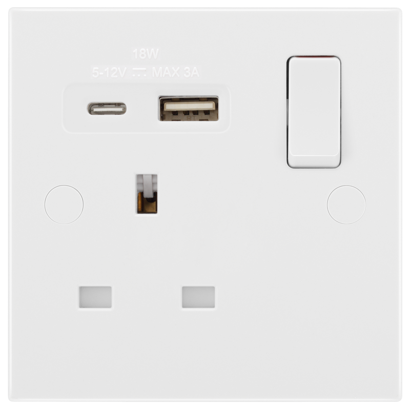 BG Electrical 900 Series - Single, switched, single pole, with 1 x USB A + 1 x USB C