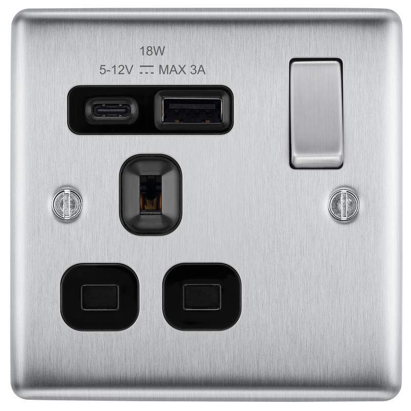 BG Electrical Nexus Metal Brushed Steel - Single, switched, single pole, with 1 x USB A + 1 x USB C