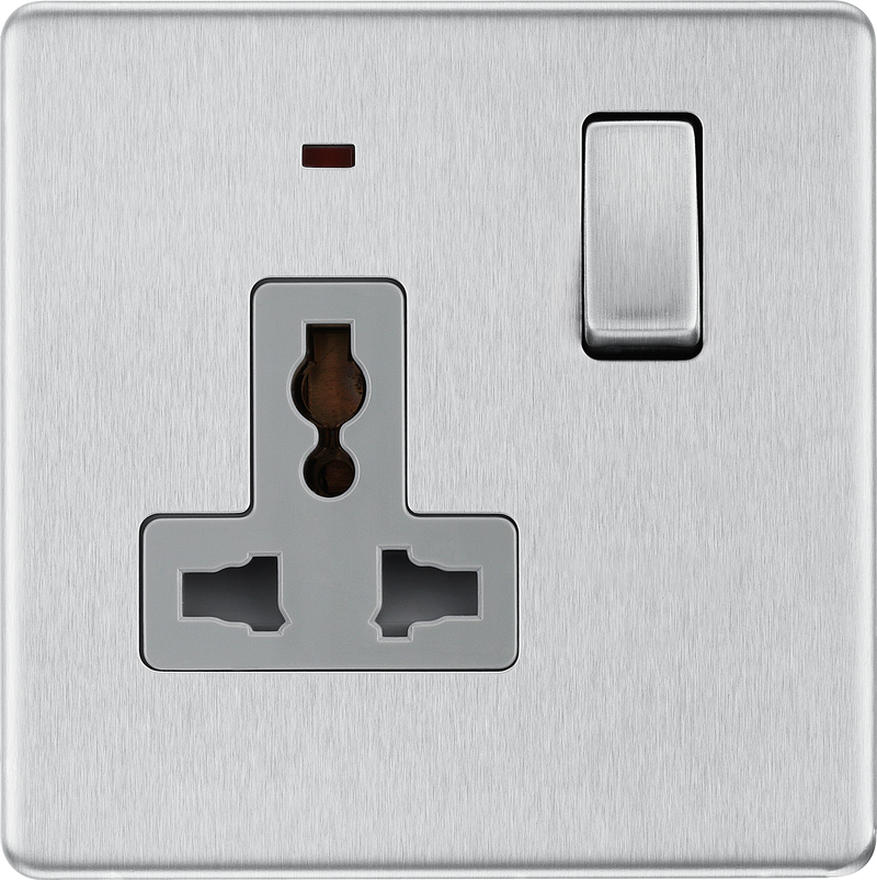 BG Electrical Flatplate Screwless Brushed Steel - Single, switched, universal with indicator (export only)